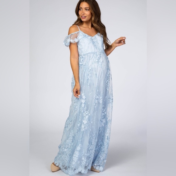 Pinkblush Dresses & Skirts - PinkBlush 3D flower floral off the shoulder ruffle maxi dress nwot